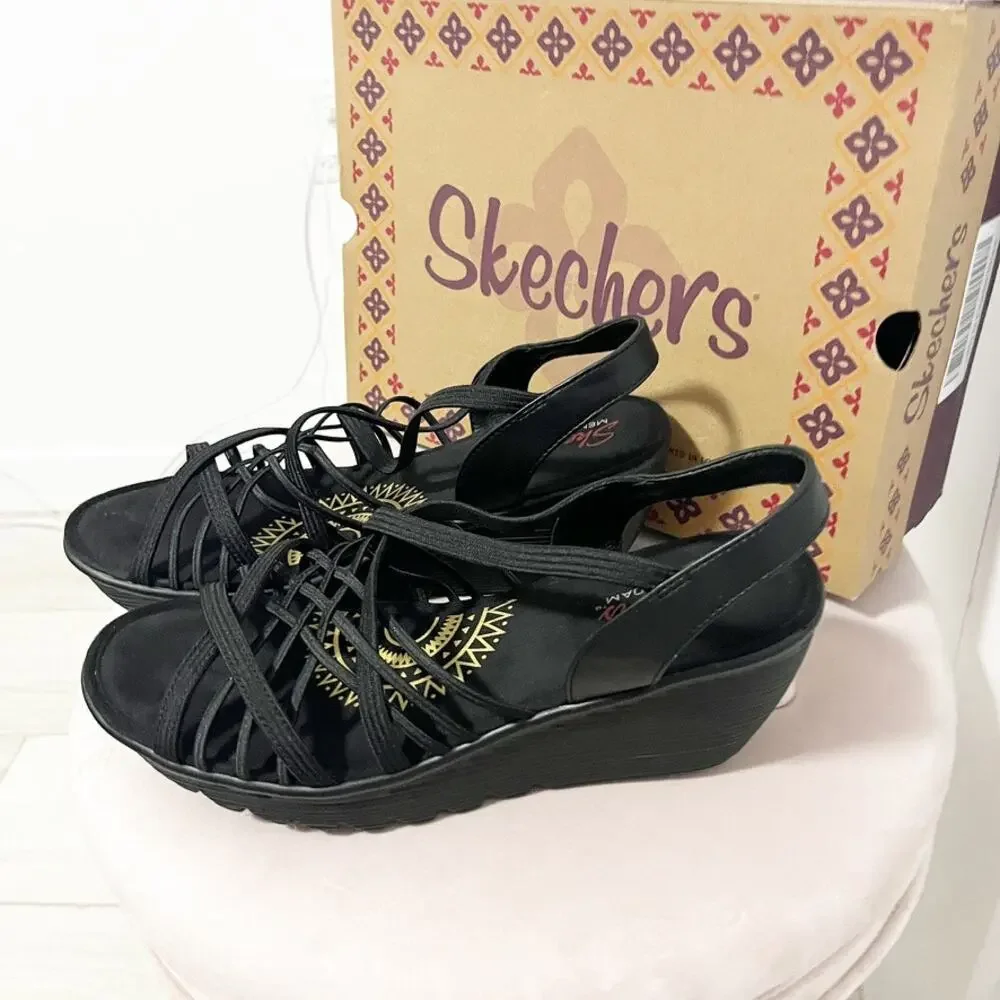 Skechers Parallel Crossed Wires Black Slingback Wedge Sandals Size 10